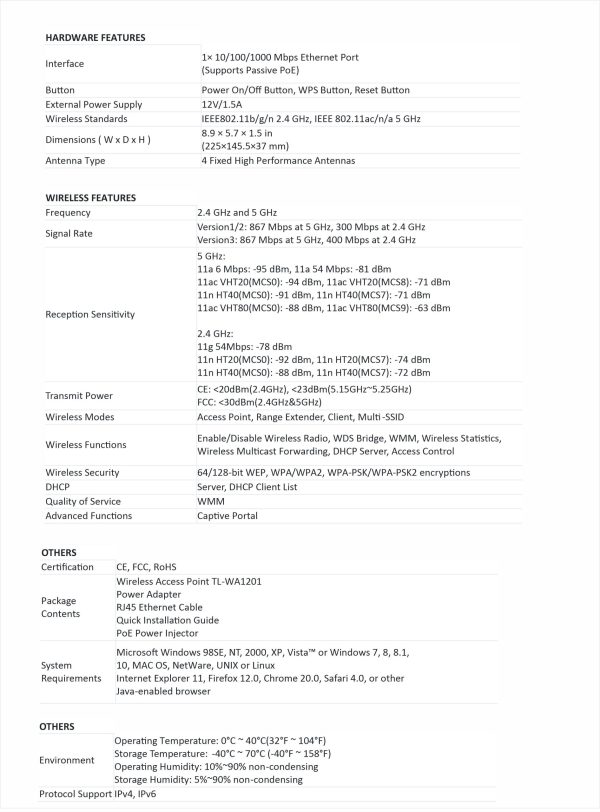 TP-LINK TL-WA1201 AC1200 WIRELESS ACCESS POINT(2y)